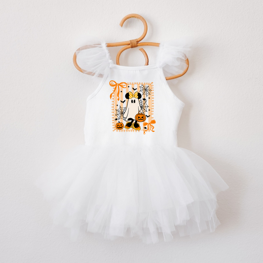 White baby romper with Halloween design on a hanger against a white background