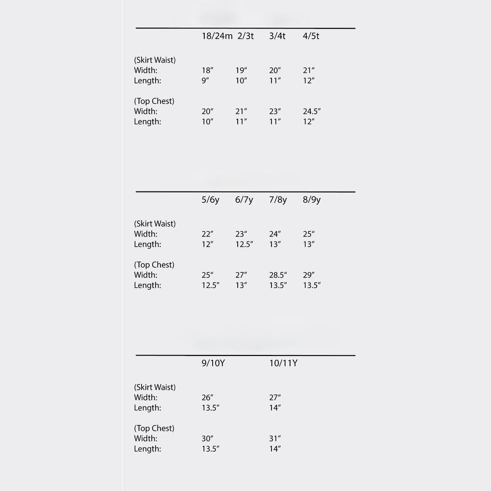 Size chart for kids' activewear two-piece, showing skirt and top measurements in inches for various ages.