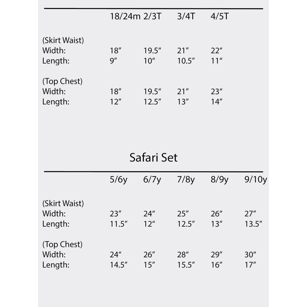 Safari Set size chart with skirt waist and top chest measurements for kids' activewear.