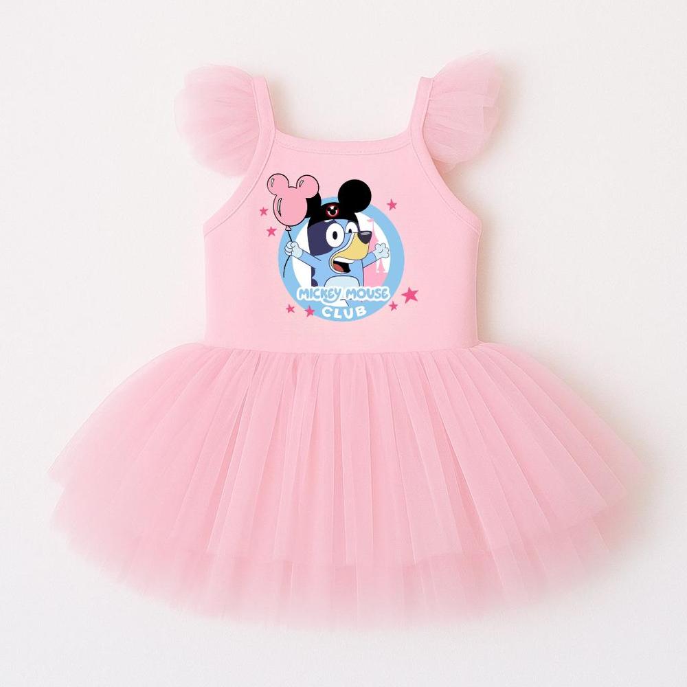 Pink Blue Heeler ballerina dress with ruffled tulle sleeves and skirt, featuring a "The Mouse Club" graphic.