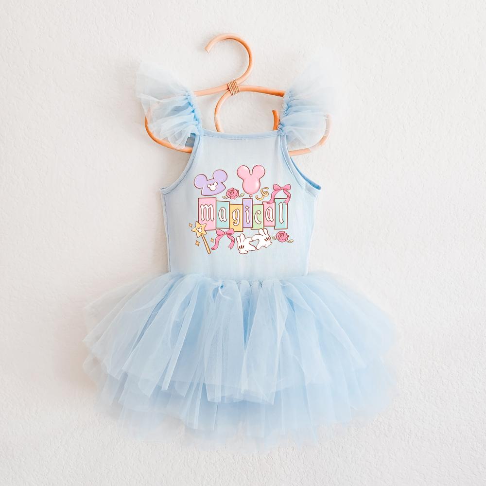 Light blue ballerina dress for girls with "magical" text, mouse ears, and tulle skirt.