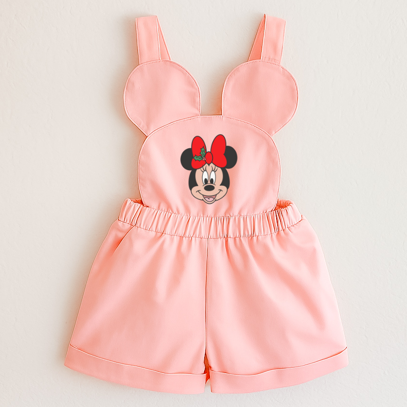 Pink romper with Minnie Mouse design on a light gray background