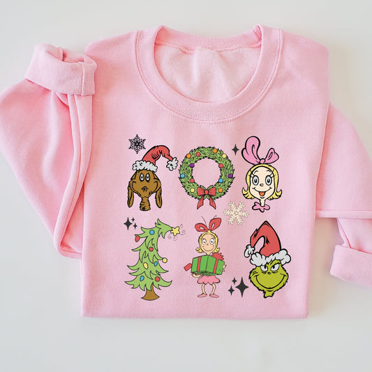 Pink sweatshirt with Christmas-themed cartoon characters on a white background