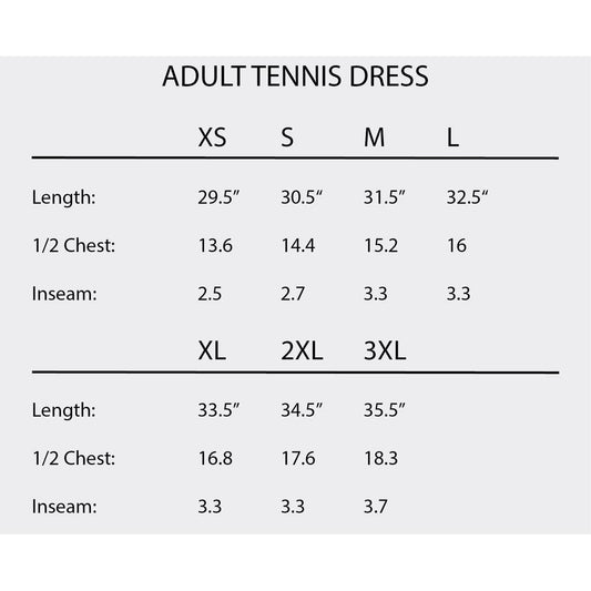 Adult tennis dress size chart with length, 1/2 chest, and inseam measurements for XS-3XL.