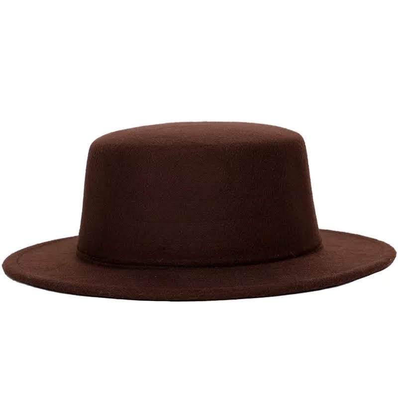 Brown felt flat brim hat for kids, stylish unisex accessory, neutral background