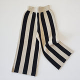 KNITTED WIDE-LEG STRIPE BOTTOMS-grey and black