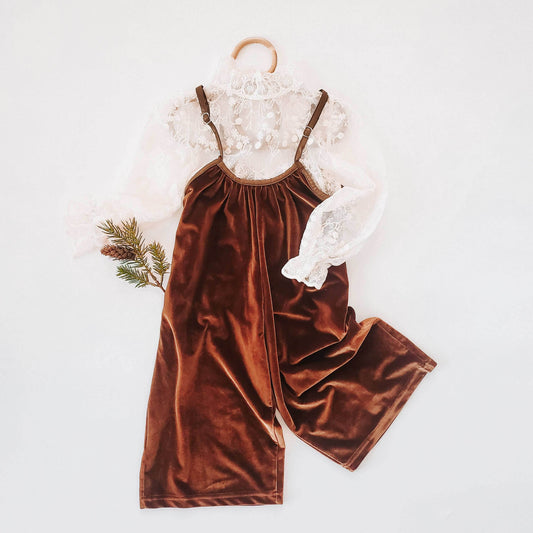 Chocolate Velvet Suspender Rompers featheredbreaths