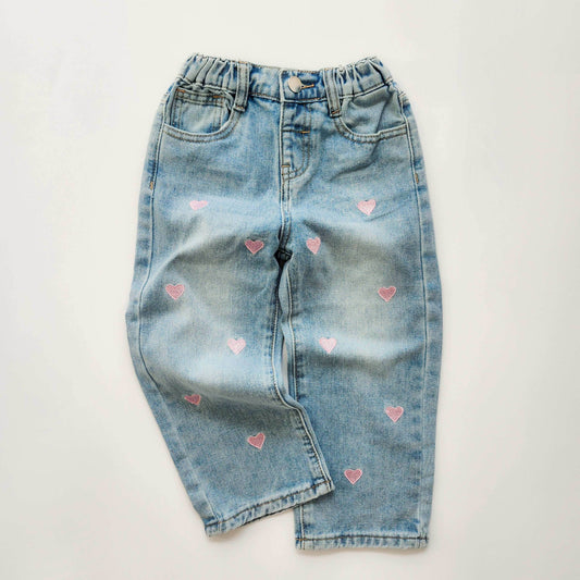 Pink Hearts Embroidered Denim Pants featheredbreaths
