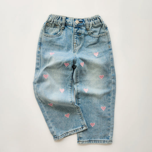 PINK HEARTS EMBROIDERED DENIM