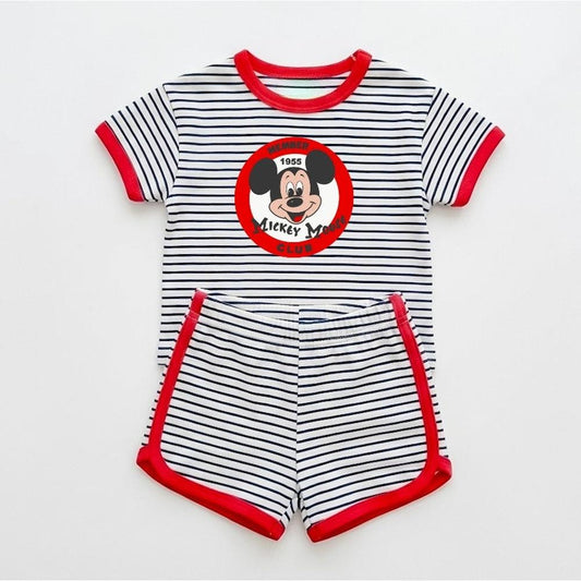 White and navy striped Members Club two-piece set with red trim, featuring a The Mouse graphic.