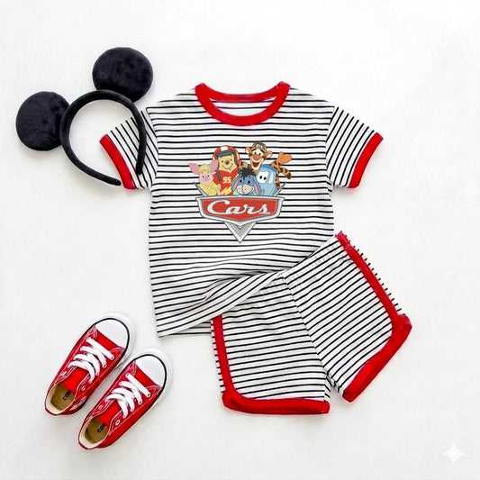 Black and white striped Cars with Pooh & Pals two-piece set with red trim, shown with red sneakers and The ears.