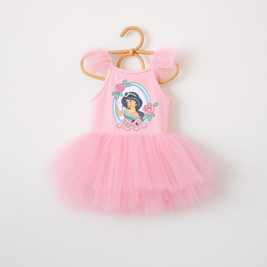 Pink ballerina dress with Princess Jasmine graphic, ruffled sleeves, and layered tulle skirt.