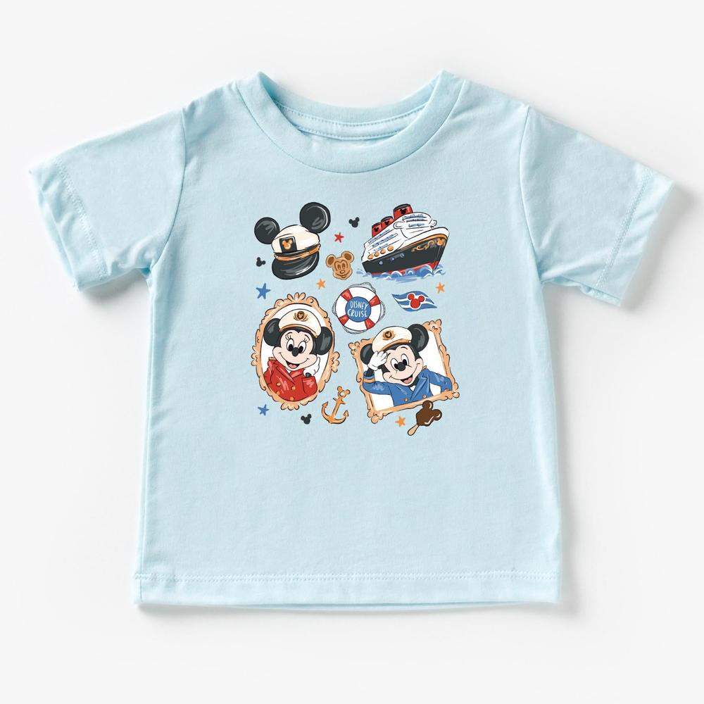 Light blue kids' t-shirt with The Mouse cruise-themed graphics, including The, a ship, and anchors.