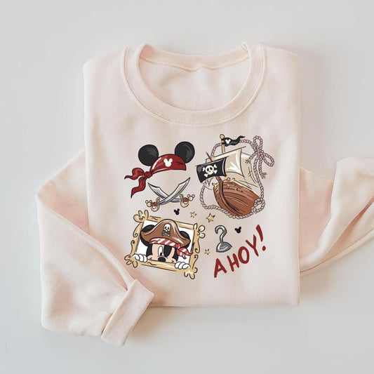 Boys light pink crewneck sweater with pirate The Mouse, ship, and "AHOY!" graphic.