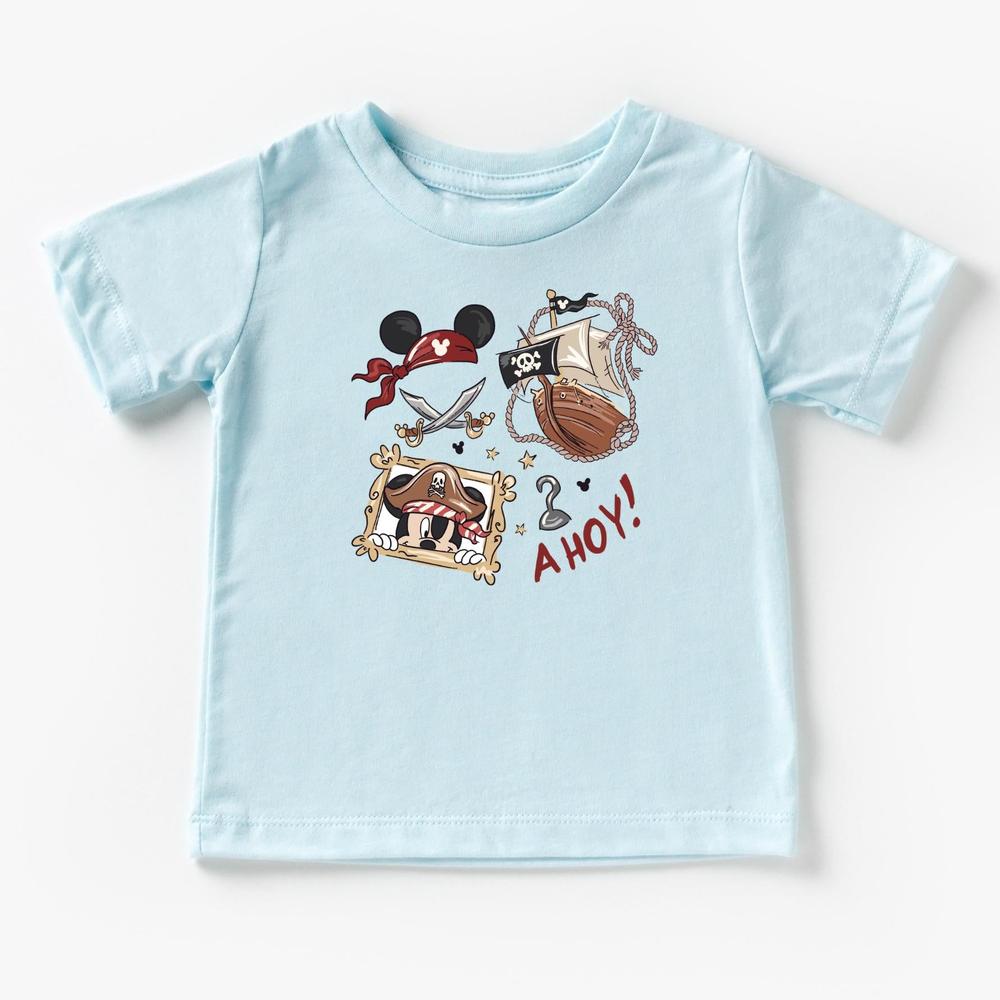 Light blue kids' t-shirt with a pirate The Mouse, ship, swords, and "AHOY!" design.