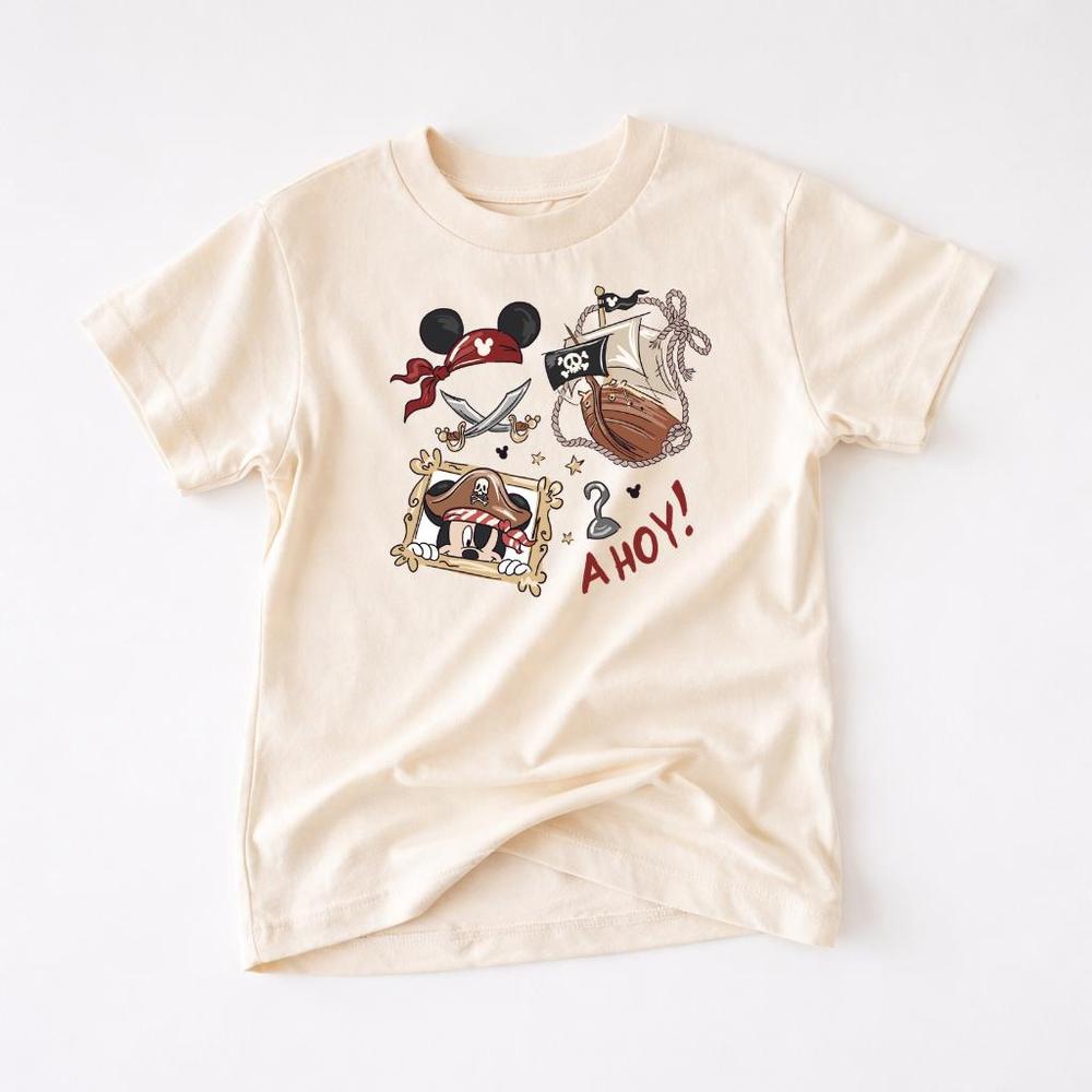 Cream t-shirt with a pirate The Mouse, ship, and "AHOY!" graphic.