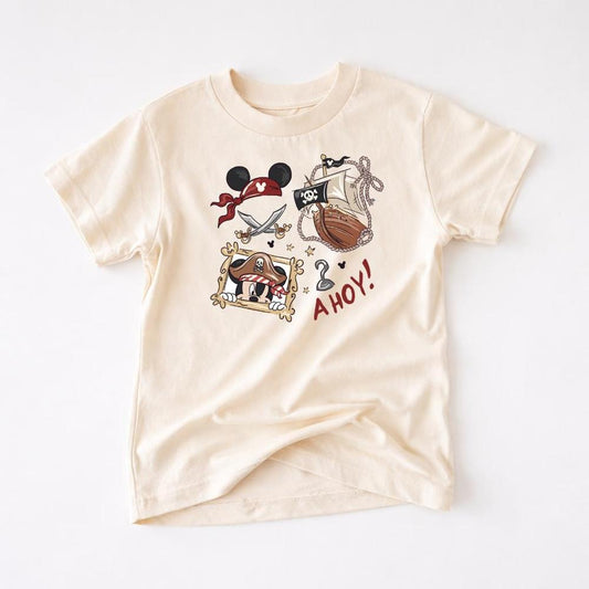 Cream t-shirt with a pirate The Mouse, ship, and "AHOY!" graphic.