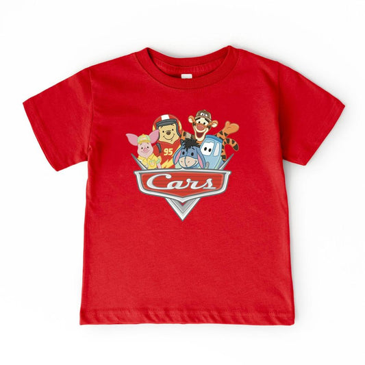 Red kids t-shirt with "Cars" logo and Pooh, Piglet, Tigger, Eeyore, and Roo in racing gear.