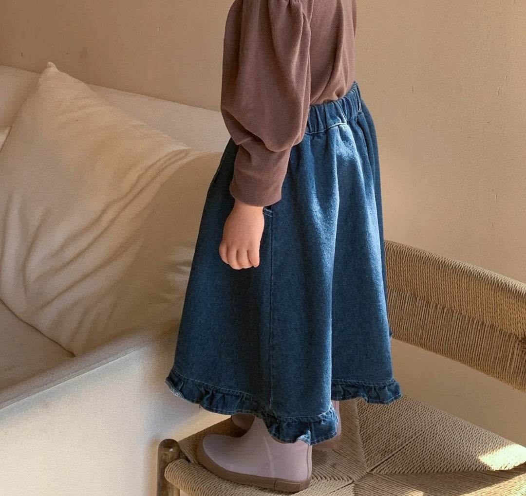 Denim Ruffle Midi Skirt featheredbreaths