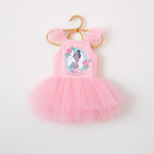 Pink Tiana ballerina dress with ruffled sleeves, layered tulle skirt, and character graphic.