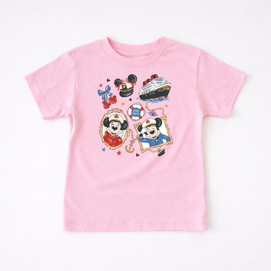 Pink kids' t-shirt with The Mouse cruise-themed graphics: The, The, ship, and anchors.