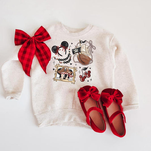 Kids' oatmeal crewneck sweater with a "Girly Pirate Mouse" design, paired with red bow shoes and a plaid bow.