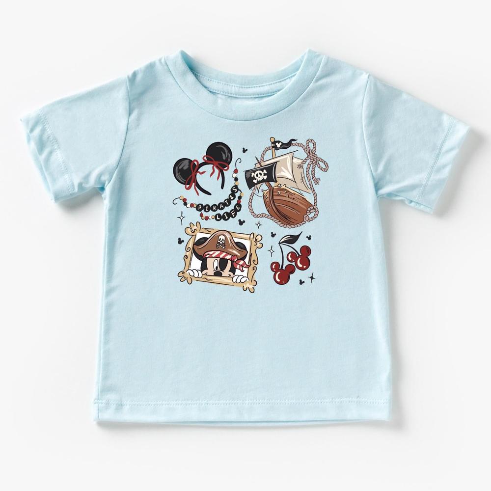 Light blue kids' t-shirt with a "Girly Pirate Mouse" design featuring The ears, a pirate ship, and cherries.