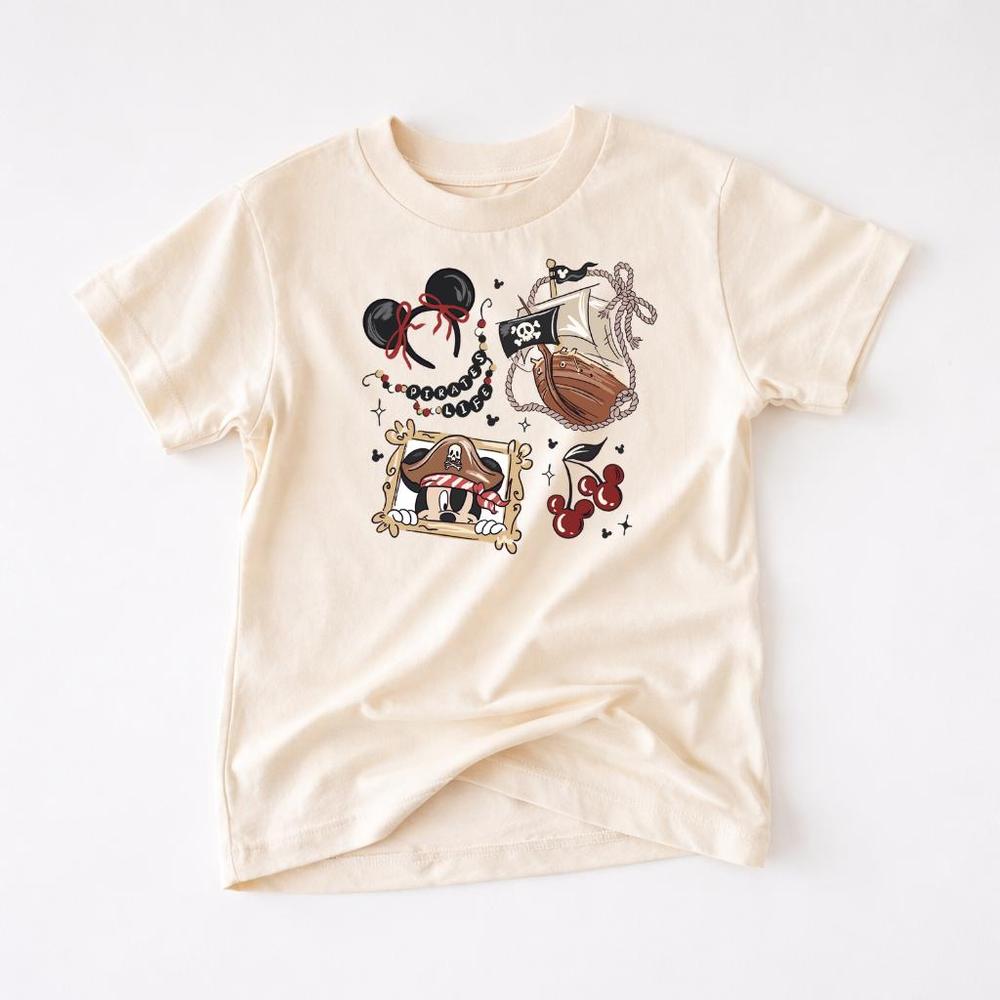 Cream t-shirt with a "Girly Pirate Mouse" design featuring The ears, a pirate ship, framed pirate mouse, and cherries.