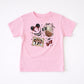 Pink kids' t-shirt with a "Girly Pirate Mouse" design featuring The ears, a pirate ship, The in a pirate hat, and cherries.