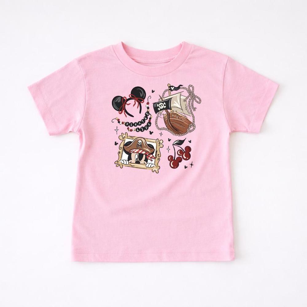 Pink kids' t-shirt with a "Girly Pirate Mouse" design featuring The ears, a pirate ship, The in a pirate hat, and cherries.