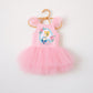 Pink ballerina dress with Cinderella graphic, ruffled tulle skirt, and snap fastening.