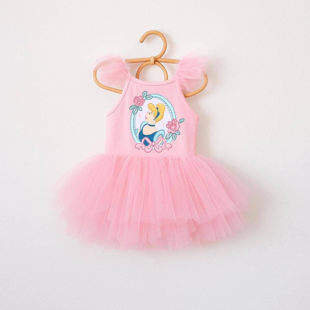 Pink ballerina dress with Cinderella graphic, ruffled tulle skirt, and snap fastening.