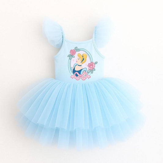 Light blue ballerina dress with Cinderella graphic, ruffled tulle sleeves, and a multi-layered tulle skirt.