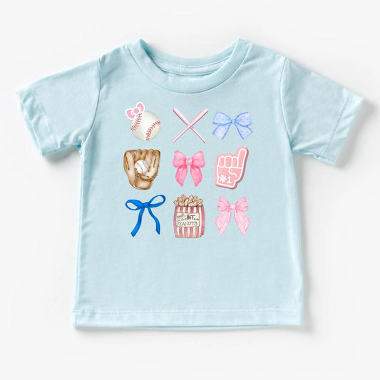 Light blue HK Inspired Baseball Coquette t-shirt with pink bows, baseball, glove, bats, and peanuts.