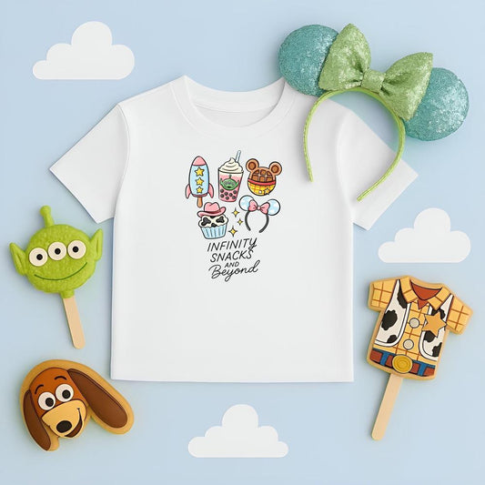 White kids t-shirt with "Infinity Snacks and Beyond" text and colorful Toy Story-themed snack graphics.