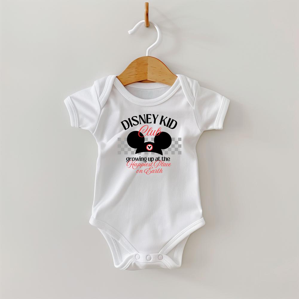White "The Park Kid Club" infant onesie with The ears and checkerboard design.