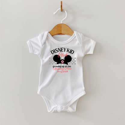White "The Park Kid Club" infant onesie with The ears and checkerboard design.