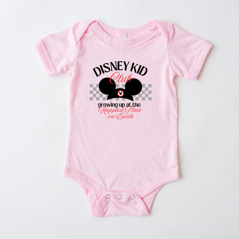 Pink Gerber onesie with "The Park Kid Club" text, The Mouse ears, and a checkered banner.