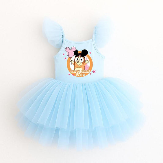Light blue ballerina dress with The Mouse Club graphic, multiple tulle layers, and flutter sleeves.