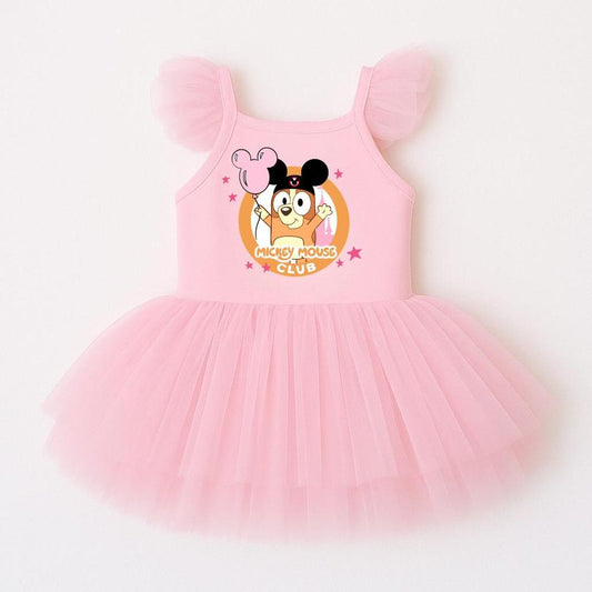 Pink ballerina dress with "The Mouse Club" character graphic, ruffled tulle sleeves, and multi-layered tulle skirt.