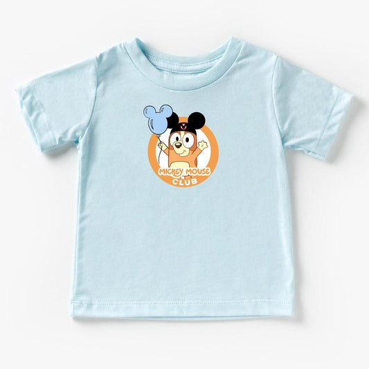 Light blue boys' t-shirt with Bingo Heeler in The ears holding a blue balloon.
