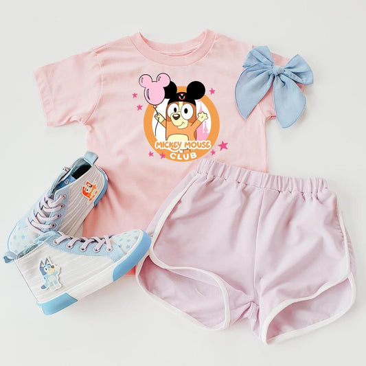 Pink "Magical Bingo Girls" t-shirt with Bingo in The ears, pink balloon, castle, matching shorts, and Bluey sneakers.