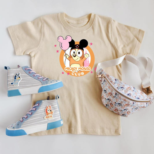 Magical Bingo Girls T-Shirt with pink balloon, castle, and The Mouse Club design, paired with Bluey high-top sneakers and a patterned fanny pack.