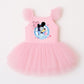 Pink Blue Heeler ballerina dress with ruffled tulle sleeves and skirt, featuring a "The Mouse Club" graphic.