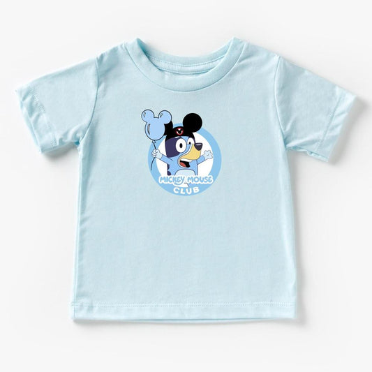 Light blue boys' t-shirt with a cartoon Blue Heeler wearing The ears, holding a blue balloon.
