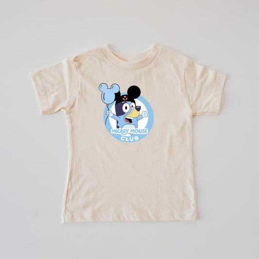 Magical Blue Heeler Boys T-Shirt, light tan, with Bluey in The Mouse ears holding a blue balloon.