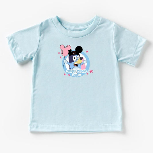Light blue girls' t-shirt with a cartoon blue heeler in The ears holding a pink balloon.