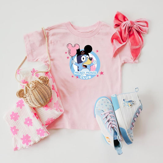 Pink girls' t-shirt with Blue Heeler in The Mouse Club design, pink balloon, and castle.