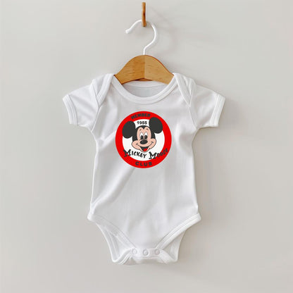 White baby bodysuit with a red and black The Mouse Club logo.
