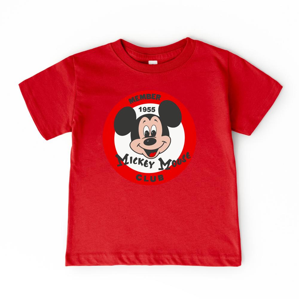 Red cotton Members Club T-shirt with a classic The Mouse face in a white and red circle logo.